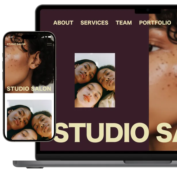 A smartphone and laptop displaying a beauty salon website's homepage.